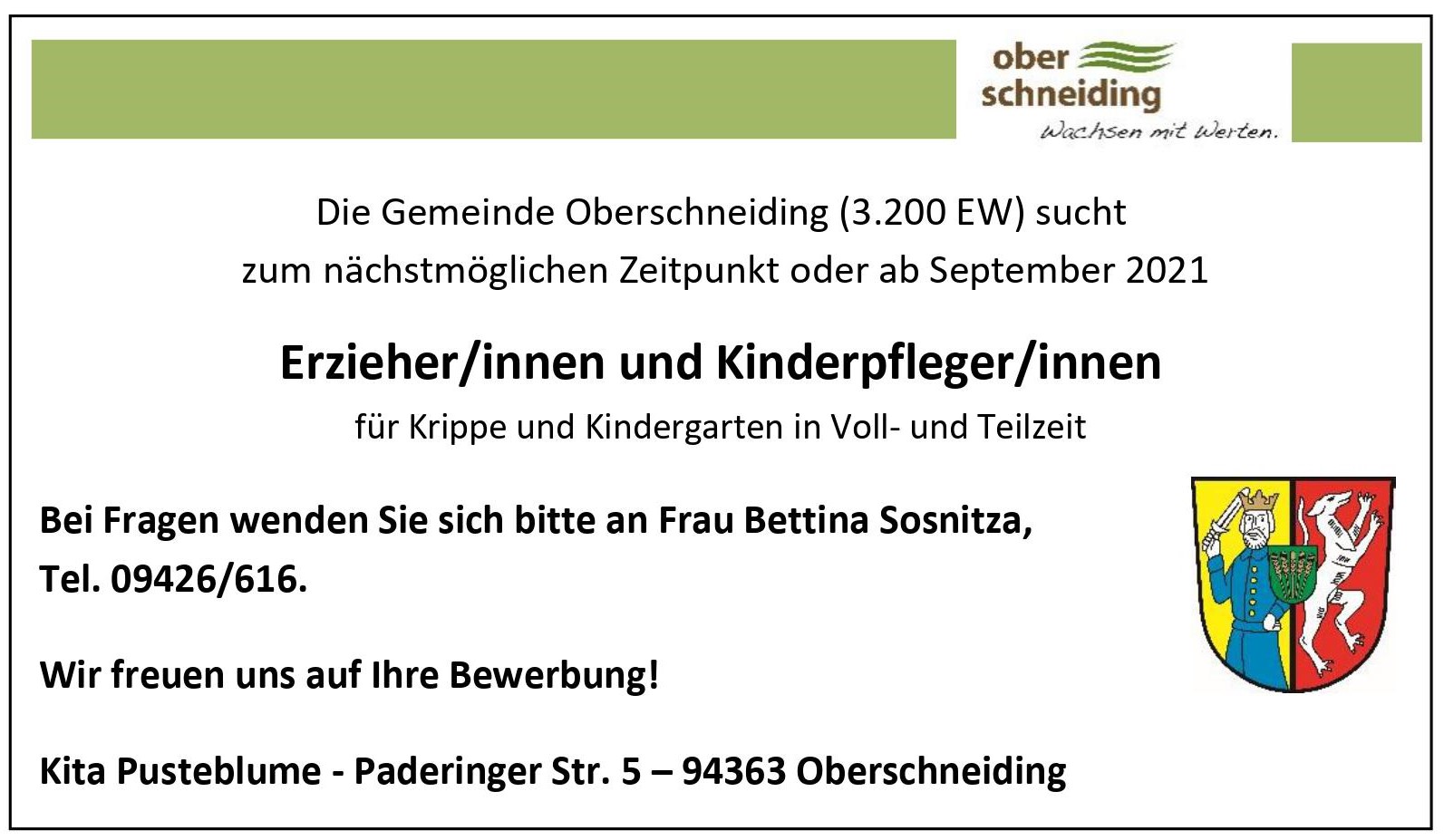 Stellenanzeige Kita Februar 2021